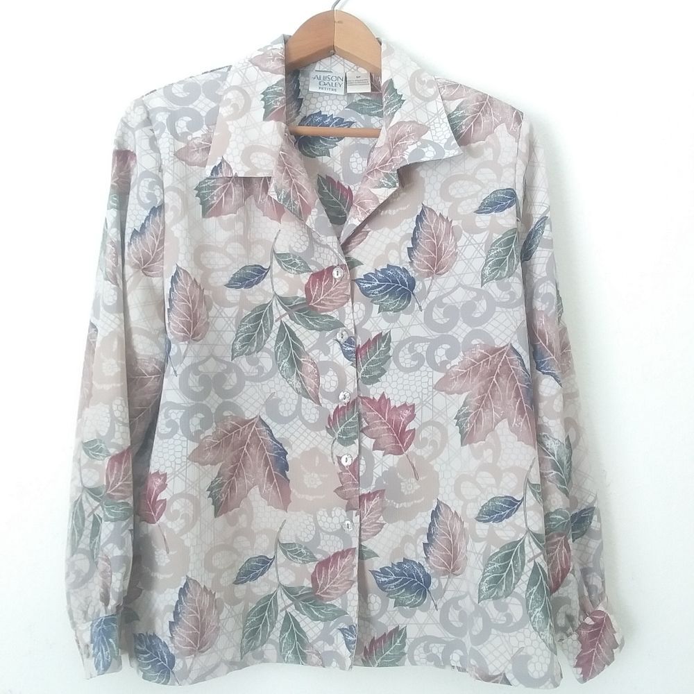 Vintage Allison Daily Petites Blouse, 8P Shoulder Pads, Fall Leaves Print